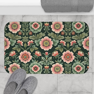 Floral Bath Mat, Vintage Bathroom Decor, Retro Flower Design Rug, Floral Pattern Non-Slip Mat, Boho Chic Home Accessories