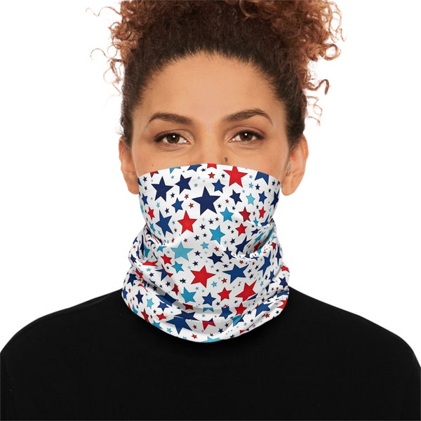 Patriotic style! Red, white & blue stars neck gaiter. Soft, breathable and lightweight comfort. Wear all year