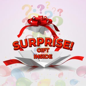 May include: A white gift box with a red bow and ribbon is open, revealing a surprise inside. The box is surrounded by colorful question marks and confetti. The text "SURPRISE! GIFT INSIDE" is written in red letters.