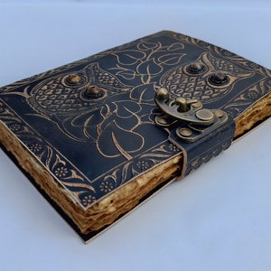 Personalized Vintage Owl Embossed (wooden Eyes) Leather Journal With Vintage Paper Best for Valentine Gift and New Year, 7x5 (200 Pages)
