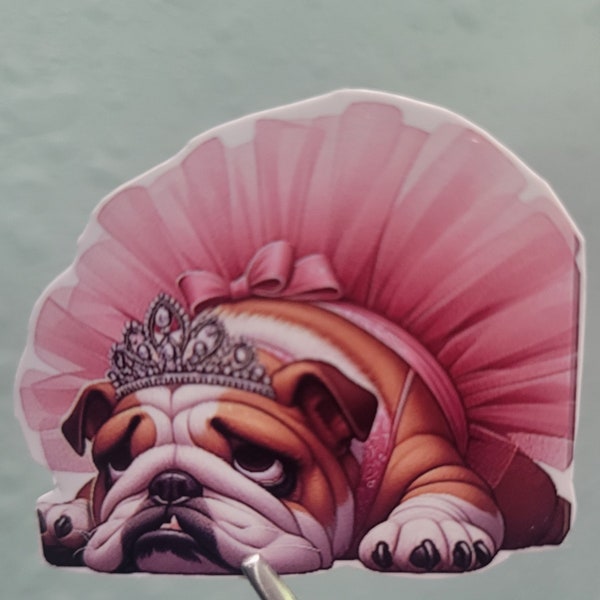 New #4 med sticker English Bulldog puppy standing in a pink tutu, sticker book, water bottle, Tumbler, laptop,  phone case. Decal gift idea