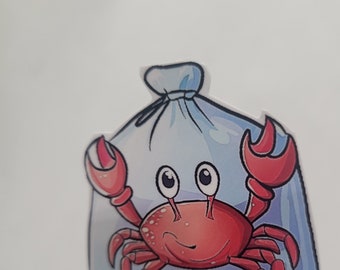 Kawaii Crab in Bag Vinyl Sticker, Waterproof Laptop Decal
