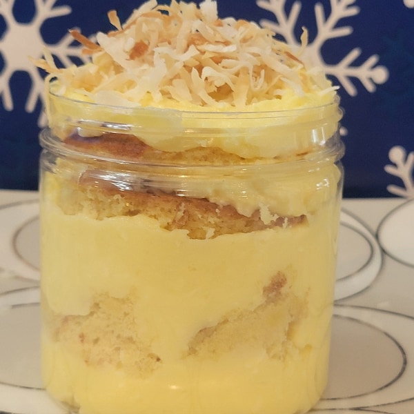 NEW 2 Cake in a jars - Toasted Coconut Cream cake,  Rich coconut Bavarian cream delicious homemade cake. dessert,gift idea under 20.00