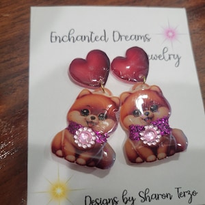 Pomeranian earrings. Pomeranian glitter collar gem accent Resin and shrink art dangle earrings great valentine day gift handmade nickel Free