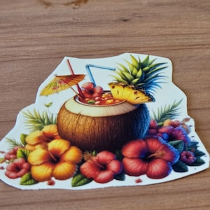 1 Tropical Hawaiian drink. Cruise vacation sticker journal date book sizes start at 1 inch. Coconut drink hibiscus flowers vacation theme