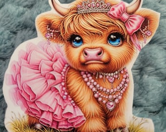 Neu #6 Baby Kuh in einem rosa Tutu und Tiara Vinyl Sticker Journals, Stickeralbum, Wasserflasche, Tumbler, Laptop, Handyhülle. Aufkleber Geschenkidee,