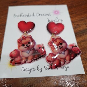 Pomeranian hearts and candy.  Resin shrink art dangle earrings. Nickel Free, handmade Valentine&#39;s Day earrings. Gift idea for dog lover.
