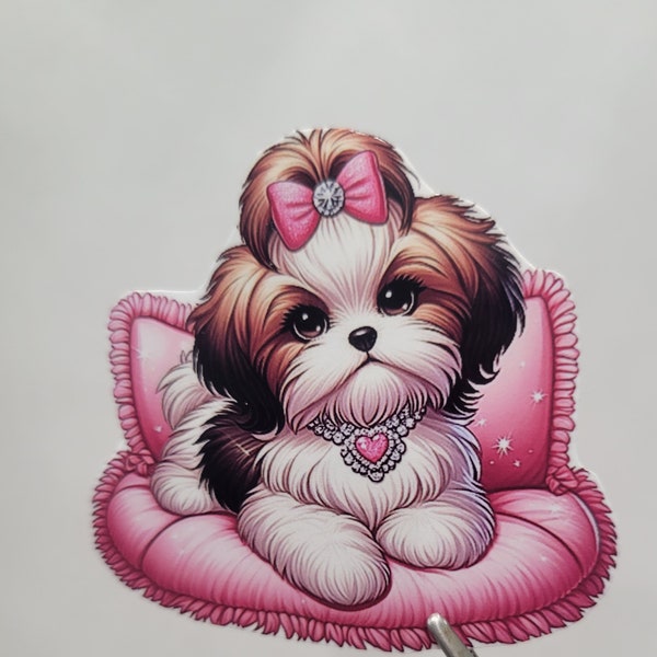 New #2 Adorable Shih tzu laying on pink bed Sticker, journals, water bottle, Tumbler, laptop, phone case, card making Buy 3 Get 1 Free
