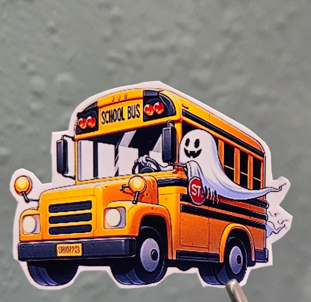 Halloween School Bus Ghost Driving a Yellow School Bus Vinyl Sticker ...