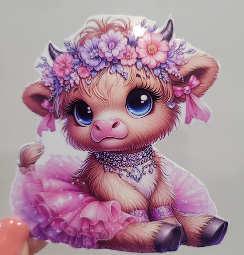 Highland Cow Baby in a Pink Tutu Flowers #2 Vinyl Sticker Journals ...