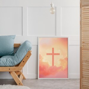 Christian Cross in Clouds Wall Art Set | Pastel Worship Poster, Inspirational Christian Home Decor |