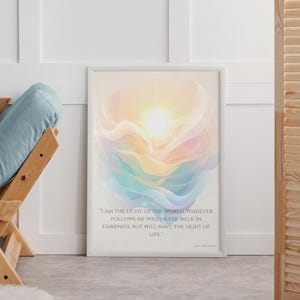 Bible Verse Wall Art Printable – John 8:12 I Am the Light of the World – Soft Pastel Christian Decor Digital Download