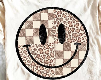 Retro Fall Smiley Face PNG, Leopard Checkered Pattern, Vintage Autumn Sublimation Design, Happy Face Digital File