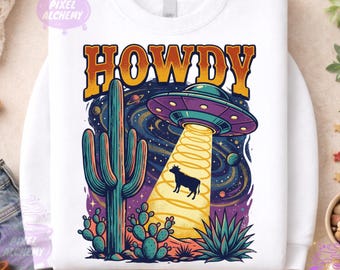 Howdy Western Cow UFO PNG, Vintage Cowboy Alien Sublimation, Distressed 90s Washed Aesthetic, Retro Extraterrestrial Digital File