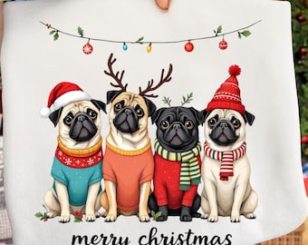 Buon Natale con carlino in formato PNG, simpatico design per animali domestici per le feste, divertente maglietta natalizia con carlino, sublimazione per amanti dei cani festivi, download digitale invernale