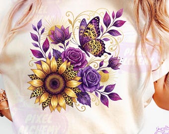 Butterfly Sunflower PNG, Purple Rose Leopard Sublimation, Leopard Print Butterfly Shirt Design, Gold Splatter Summer Digital File