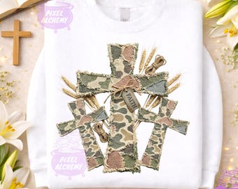 Patchwork Camo Cross PNG, Quilted Bunny Easter Sublimation, Coquette Grandmacore Faith, Faux Stitch Religious Digital File