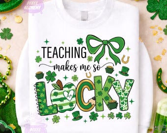 One Lucky Teacher PNG, Retro St Patricks Day Design, Groovy Shamrock Sublimation, School Lucky Charm Digital File