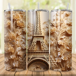 3D Eiffel Tower Gold Roses 20 oz Skinny Tumbler Sublimation Design, 3d Roses Tumbler Wrap, Instant Digital Download PNG, 3d Tumbler Design