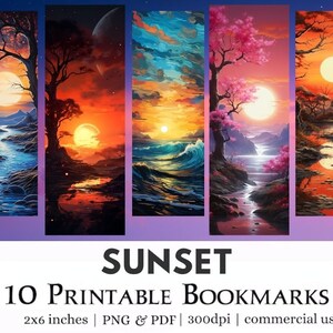 10 Sunset Printable Bookmarks | Digital Download Bookmark Sheets PDF, Print and Cut Bookmark Set, PNG Bookmark Sublimation