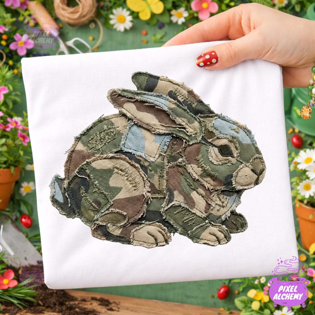 White Camo Rabbit Camouflage Bunny PNG, Faux Patchwork Easter, Camo Rabbit Sublimation ...