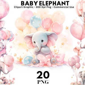 Elefante de acuarela, imágenes prediseñadas de elefante bebé, elefante bebé con globos png, clip art de baby shower, gráficos de guardería, PNG digital, conjunto de 20