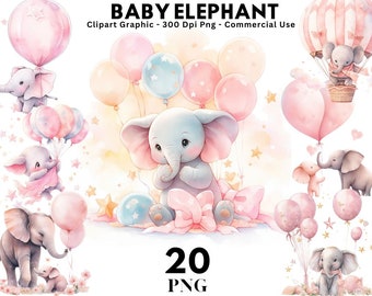 Watercolor Elephant, Baby Elephant Clipart, Baby Elephant With Balloons ...