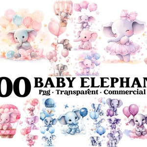 Elefante de acuarela, imágenes prediseñadas de elefante bebé, elefante bebé con globos png, clip art de baby shower, gráficos de guardería, PNG digital, conjunto de 100