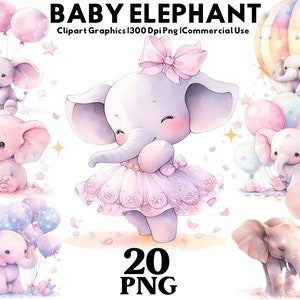 Elefante de acuarela, imágenes prediseñadas de elefante bebé, elefante bebé con globos png, clip art de baby shower, gráficos de guardería, PNG digital, conjunto de 20