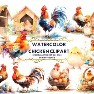 Watercolor Chicken Clipart - Cute Chickens Png, Chicks Clipart, Rooster Clipart, Farm Animal PNG Format Instant Download For Commercial Use