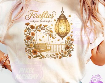 Golden Fireflies Mason Jar PNG, Cozy Summer Nights Sublimation, Rustic Country Floral Shirt Design, Warm Glow Digital File, Camping Graphic