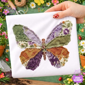 May include: White square fabric with a large, patchwork butterfly design. The butterfly features wings in shades of green, purple, and brown, with floral and textured patterns. The body is made of wrapped copper wire.