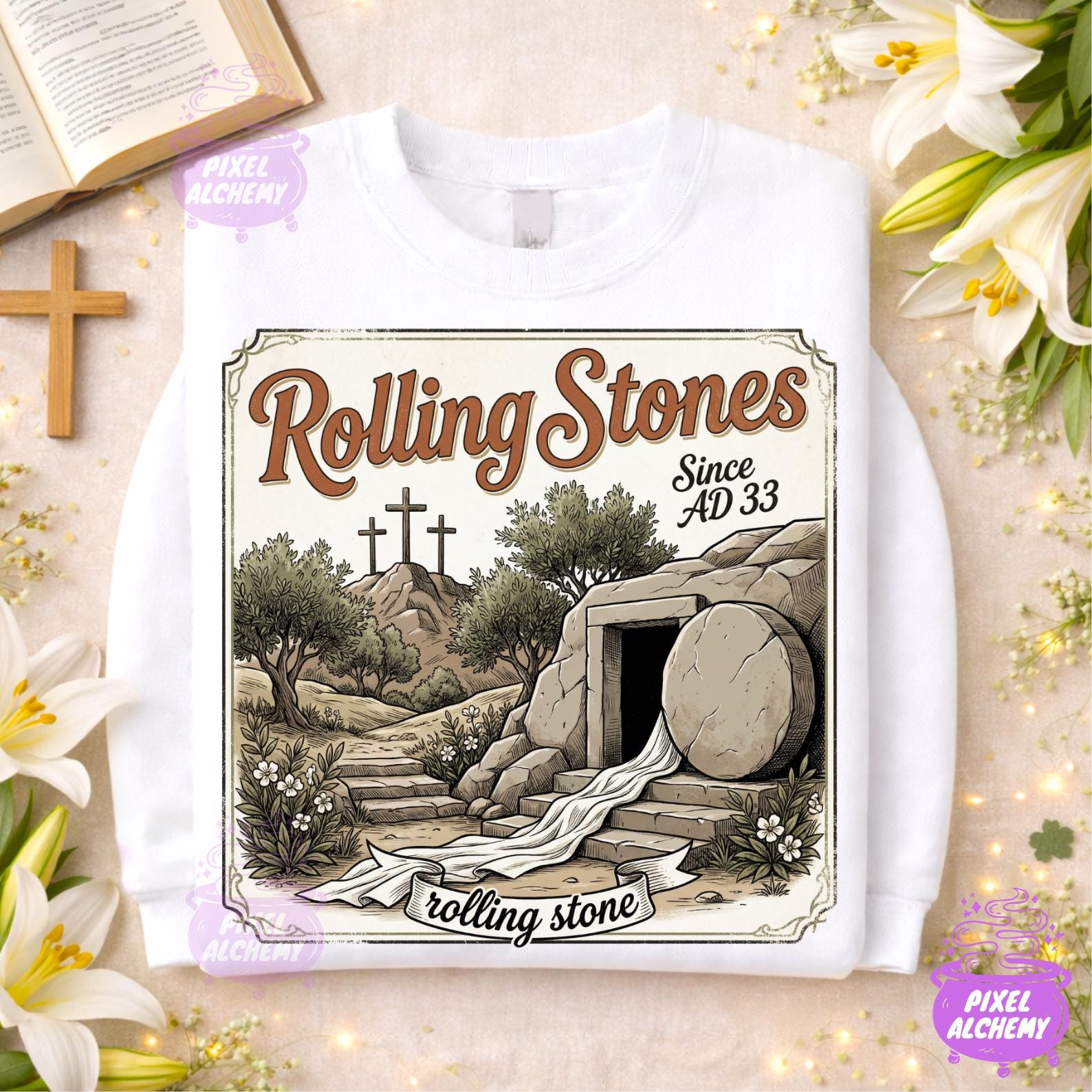 アート・デザイン・音楽 STONE STORIA The Stone Was Rolled Away PNG, Retro Rock Christian Easter