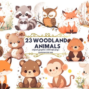 Woodland animaux aquarelle clipart, clipart animaux de la forêt, pépinière décor garçon fille, bébé animaux png, forêts imprimables, art mural pépinière