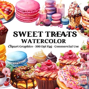 Watercolor Cute Sweets Clipart, Tasty Desserts, Cookies, Cupcakes, Treats Candy and Glazed Donuts PNG Instant Download Commercial Use
