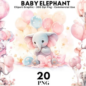 Watercolor Elephant, Baby Elephant Clipart, Baby Elephant With Balloons ...
