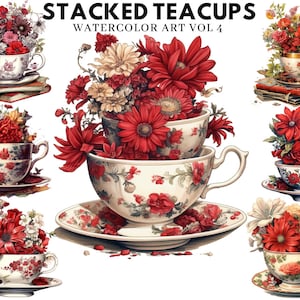 Set of 10, Watercolor Vintage Teacup Clipart, Tea Time art, Flower Teacup Png, Scrapbook, Junk Journal, Digital Art, Sublimation,Digital PNG