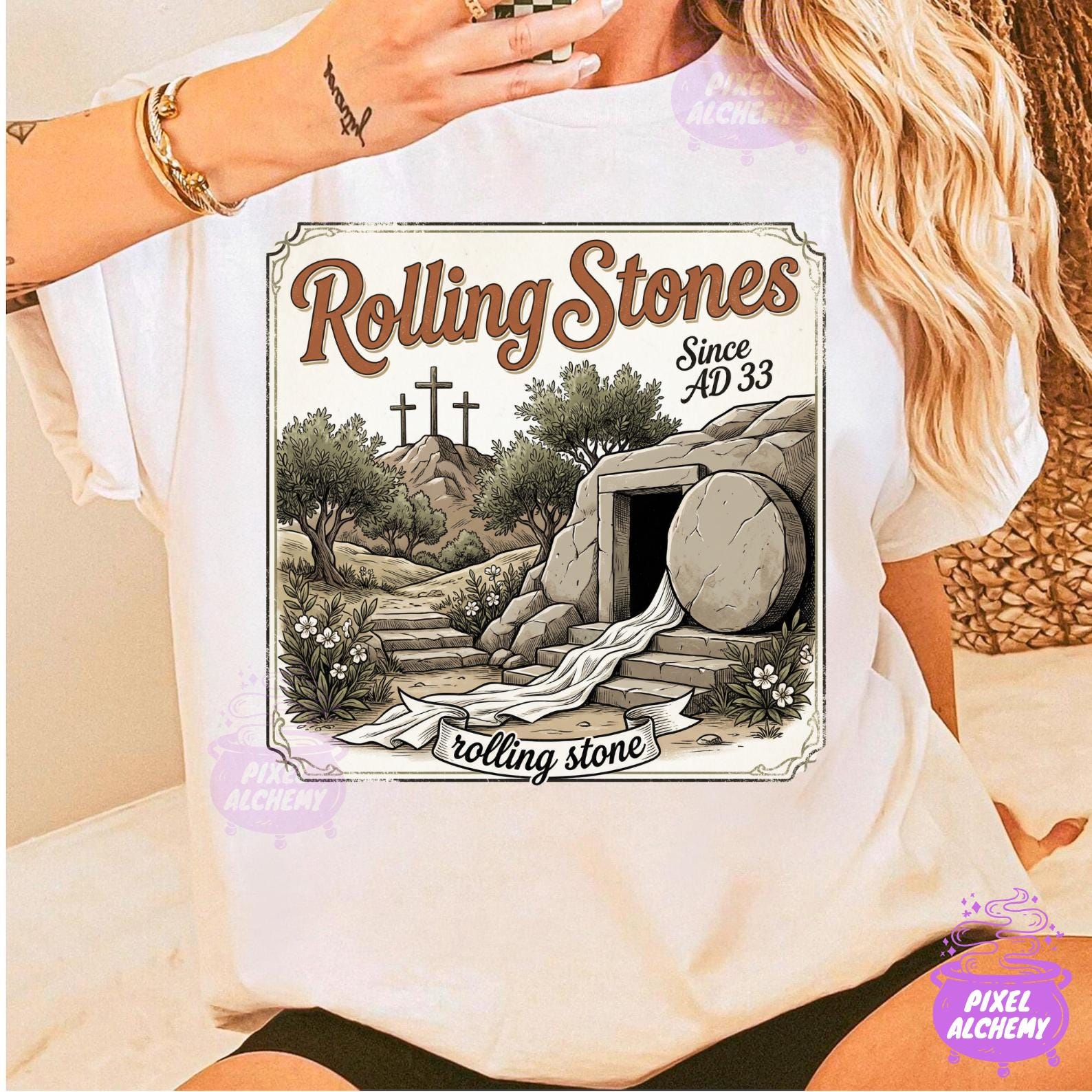 The Stone Was Rolled Away PNG, Retro Rock Christian Easter