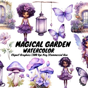 Butterfly Clipart, Fairy Garden Clipart Flowers clipart, Purple Mushroom Clipart, 23 Png Files With Transparent Background, Floral Clipart