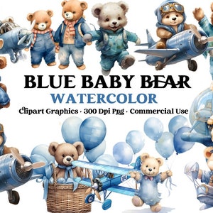 Aquarell Teddybär Clip Art Clipart Pack, Babyparty für einen Jungen, Clipart für die kommerzielle Nutzung, transparente PNGs, blaue Flugzeugballons