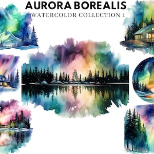 Watercolor Aurora Borealis Clipart - dark fantasy Northern Lights watercolor PNG format instant download for commercial use, Sublimation
