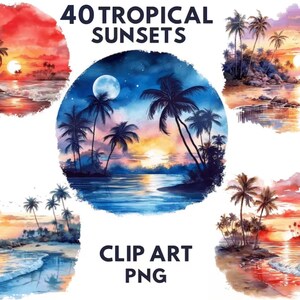 Watercolor Tropical Sunsets Clipart, Summer Clipart, Sunset Clipart, Digital Graphics,  Sublimation,  Commercial Use, Beach Clipart, Sunset