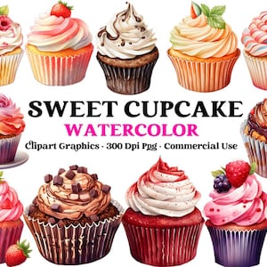 Watercolor Cupcake Clipart, Watercolor Cute Sweets Clipart, Baking Clipart, Tasty Desserts, Cupcakes PNG Instant Download Commercial Use
