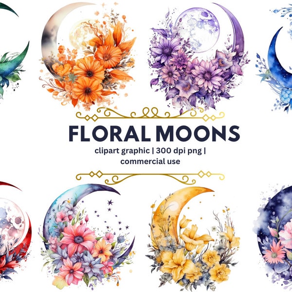 Watercolor Floral Moons Clipart - floral crescent moons with flowers PNG instant download, Digital Graphics, Sublimation, Commercial Use