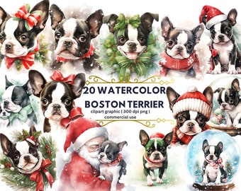 Christmas Boston Terrier Watercolor Clipart, Boston Terrier PNG Illustration Cute Boston Terrier Printable Wall Art, Boston Terrier Clipart