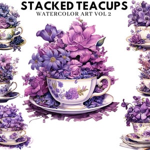 Set of 10, Watercolor Vintage Teacup Clipart, Tea Time art, Flower Teacup Png, Scrapbook, Junk Journal, Digital Art, Sublimation,Digital PNG