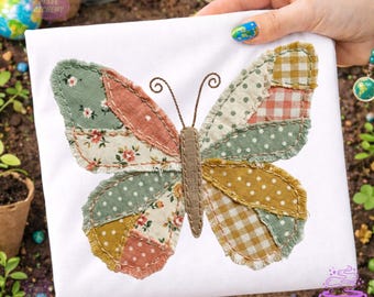 Butterfly Faux Patchwork PNG, Spring Girl Sublimation, Floral Quilted Design, Vintage Applique Effect, Cottagecore Digital File