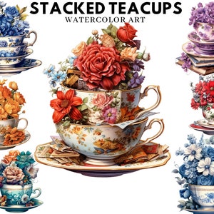 Set of 20, Watercolor Vintage Teacup Clipart, Tea Time art, Flower Teacup Png, Scrapbook, Junk Journal, Digital Art, Sublimation,Digital PNG