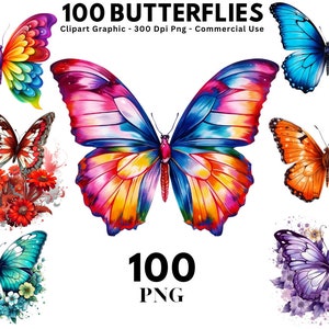 Set of 100 Best Colorful Butterfly Clipart Bundle, Watercolor Butterfly, Butterfly Png, Butterfly Clip Art, Commercial License, Clipart