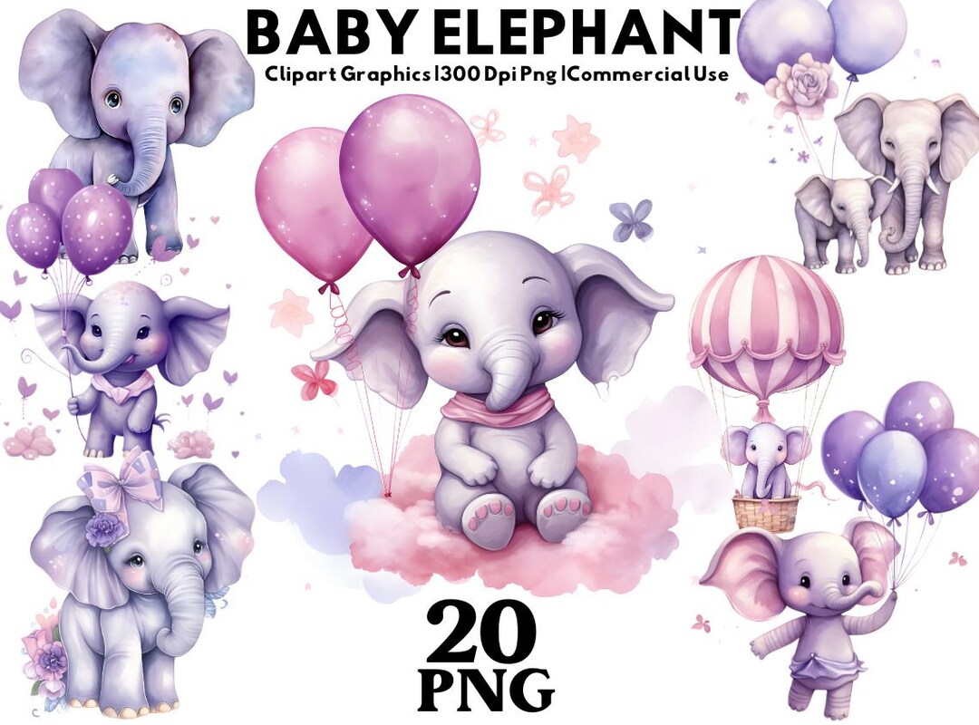 Watercolor Elephant, Baby Elephant Clipart, Baby Elephant With Balloons ...